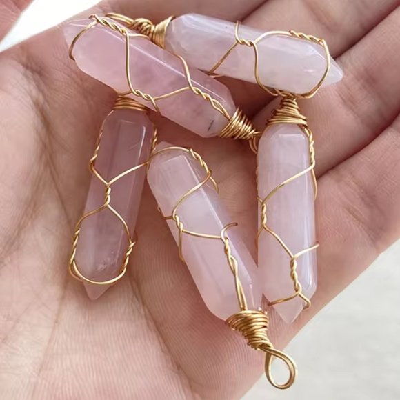 Rose Quartz Natural Gemstone Hexagonal Point Gold Wire Wrapped Pendant - Picture 2 of 3